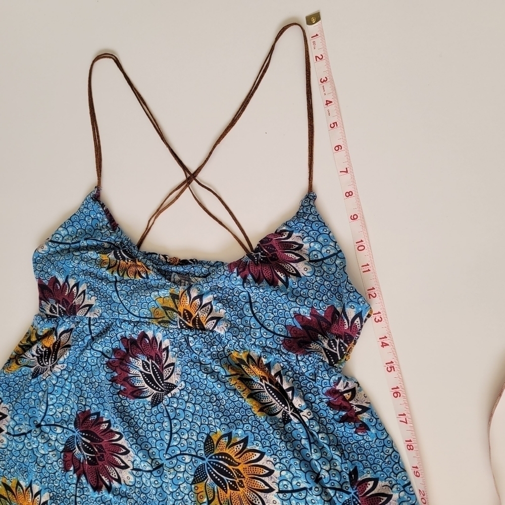 Rare Free People Lotus Print Blue Dress Large Floral Beach Boho Strappy Light - Picture 11 of 14